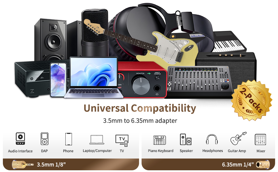 3.5mm to 6.35mm adapter works with guitar amps, mixers, audio interfaces, speakers and headphones