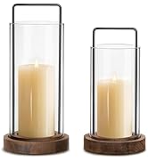 Houmury Set of 2 Brown Hurricane Candle Holders Lantern 12” & 10”with Wood Base Metal Handle Glas...