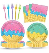 100 Pcs Ice Cream Cone Party Supplies Set, Serves 25 – Disposable Paper Plates, Napkins, and Colo...