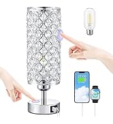 Crystal Touch Lamp with Touch Control, Sliver Table Lamp with USB-C+A Ports, 3 Way Dimmable Bedsi...