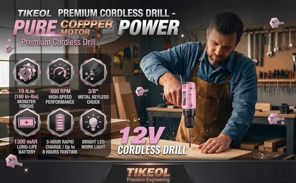 TIKEOL 12V Pink Drill: 3/8" keyless chuck, LED light. Perfect for home DIY & repairs.