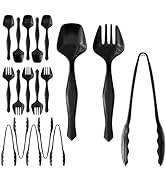 18 Pcs Black Plastic Serving Utensils - 6 Black Plastic Serving Spoons - 6 Black Plastic Tongs Fo...