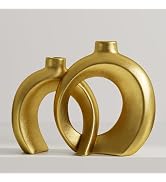 Set of 2 Gold Ceramic Vases for Home Decor Accents - Unique Hollow Donut Artistic Design Modern A...