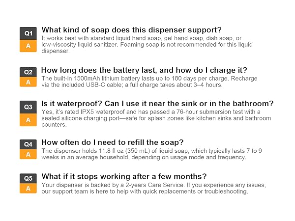Soap dispenser FAQ covers soap types, refill time, quick fixes, and 2-year care service.