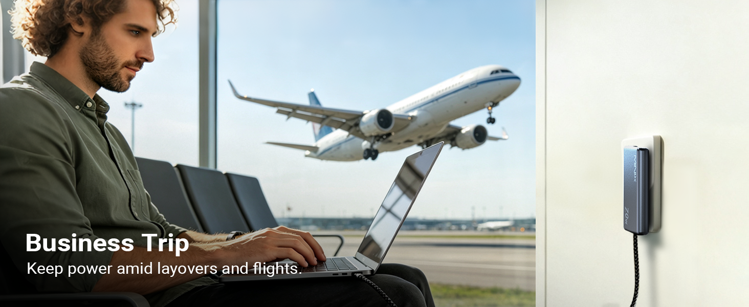 Text reads "Business Trip" and "Mindfulness". Man in business casual attire working on laptop near window with airplane taking off in background.