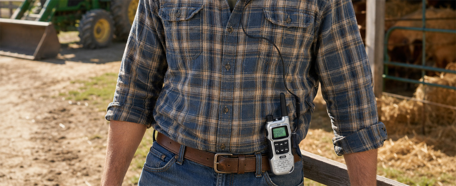 Farm worker using wired headset adapter with FRS-A1 clipped to belt