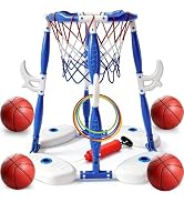 2-in-1 Floating Pool Basketball Hoop Toy Set with Hook Ring Toss Game - Includes 4 Basketballs & ...