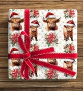 ZINTBIAL Highland Cow Reversible Christmas Wrapping Paper Roll - Gift Wrap with Red & White Strip...