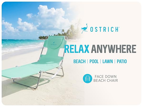 A blue beach chair on the beach. Text reads: Ostrich Relax Anywhere.
