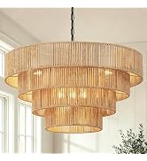 6 Light Boho Rattan Chandelier, 20" Large Farmhouse Dining Room Light Fixture, Four-Layer Hand Wo...