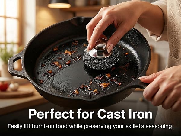 Heavy duty steel wool scrubber cleaning cast iron skillet without remove seasoning.