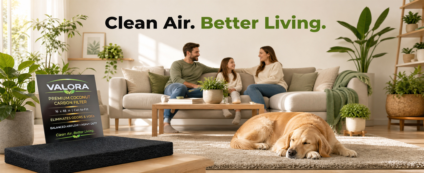 Family enjoying cleaner indoor air with VALORA premium coconut carbon filter