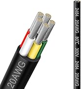 20 Gauge 5 Conductor Electrical Wire, 16.5FT 2464 20AWG 5 Wire Cable Black PVC Stranded Tinned Co...