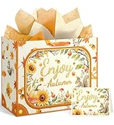 NICROHOME EUR Large Fall Gift Bag, Autumn Maple Leaf Treat Favor Bag with Greeting Card Tissue Pa...