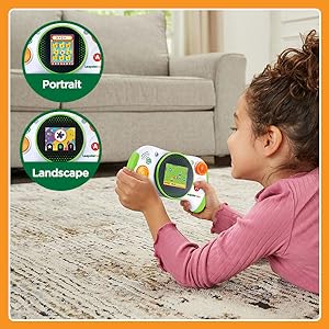 Kid plays Leapster Ultra. Insets show Portrait & Landscape views.
