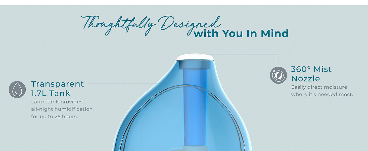 thoughtfully designed transparent tank night light 360 mist nozzle whisper quiet auto shut off