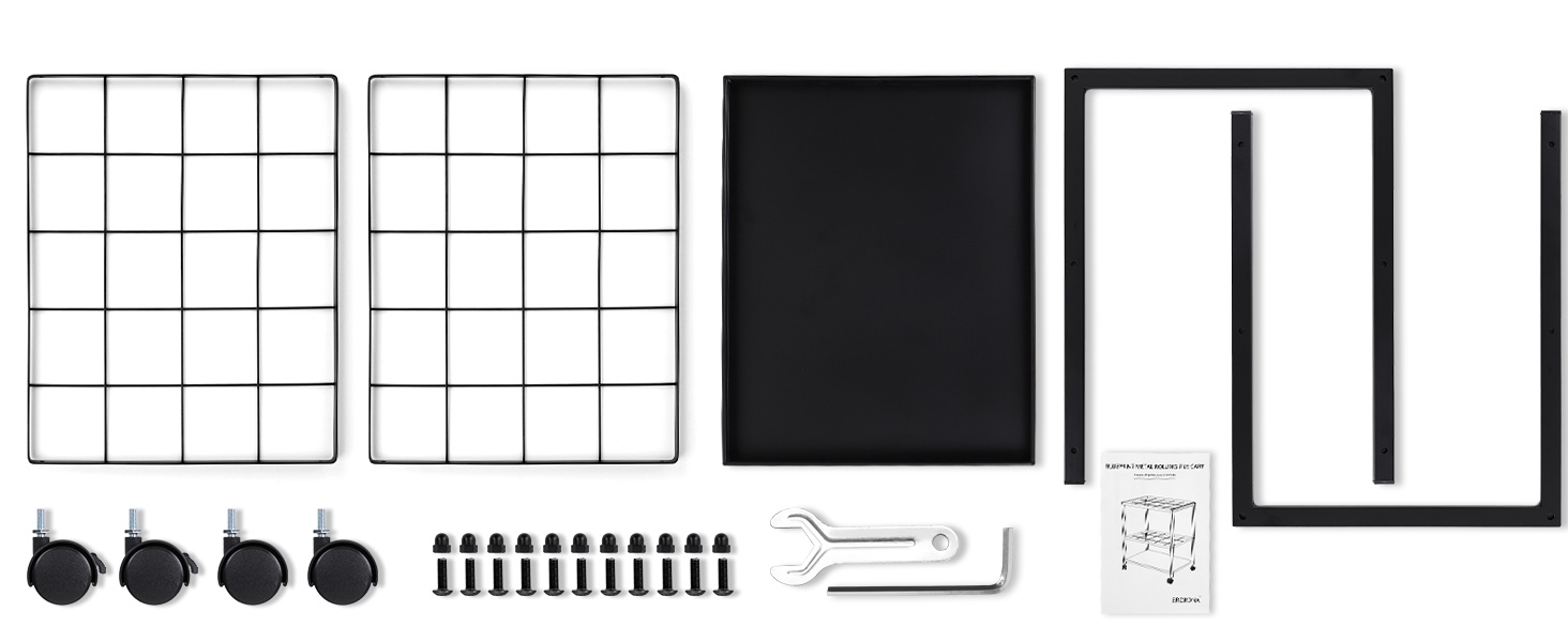 Components include:2 grid panels,1 base panel,2 supports,4 wheels,12 screws