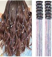 Hair Tinsel Pack of 12 Pcs Clip in Hair Tinsel 20 Inch Colorful Glitter Tinsel Hair Extensions Ti...