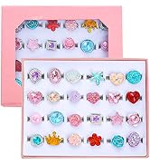 PASEMM 24pcs Little Girl Jewel Rings, Adjustable, No Duplication Kids Play Ring in Box,Pretend Pl...