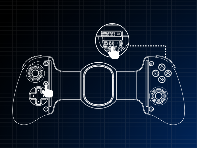 Technical schematic diagram on dark blue background showing wireless game controller with connected smartphone device, illustrated in white outline style.