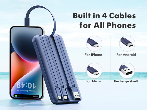 Text reads "Built in 4 Cables for All Phones", "For iPhone", "For Android", "For Micro", "Recharge Itself". Multi-cable charging device with smartphone displaying time, four different charging connector types shown as icons.