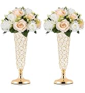 Kehail 2 Pcs Gold Trumpet Vases - 13" Metal Crystal Vase for Artificial Flowers, Wedding Centerpi...