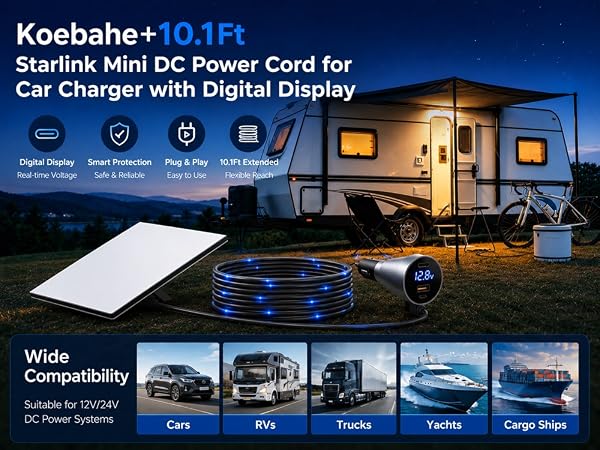 Starlink Mini DC power cord running from a modern RV trailer camper van at an outdoor campsite