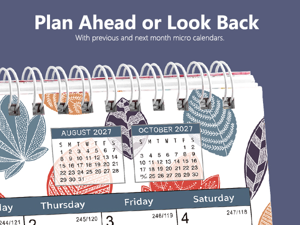 Text reads 'Plan Ahead or Look Back' followed by calendar grid layout with dates and illustrations showing weekly planning format.