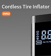 Digital display of a cordless tire inflator showing pressure reading. Text indicates 'Cordless Tire Inflator' and model number 'SM02'.