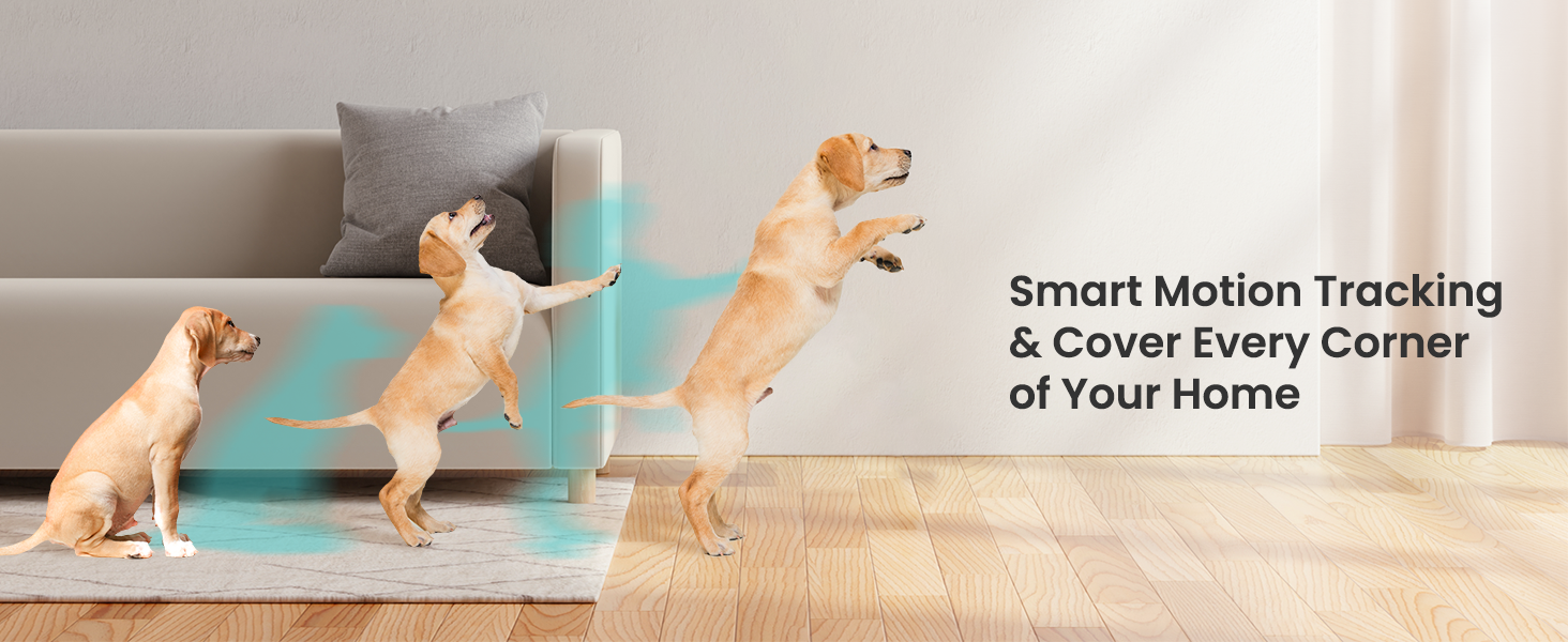 Three illustrated dogs in different poses, demonstrating smart motion tracking technology that covers every corner of a home. The dogs are shown against a minimalist background.
