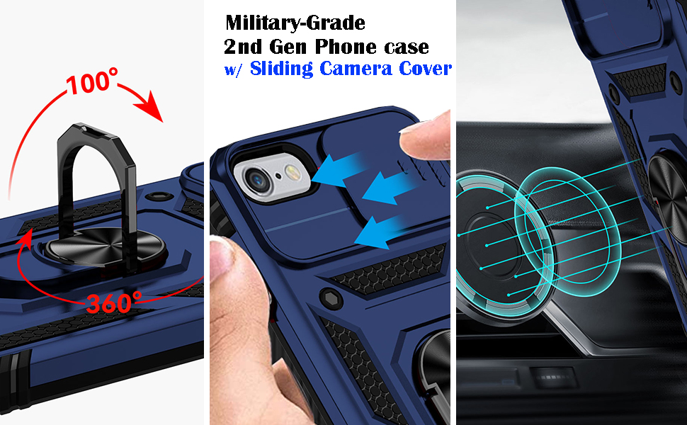 for iPhone SE3 / 8 Military Grade 2nd gen with Slide Camera Lens Cover Magnetic Ring Holder Case