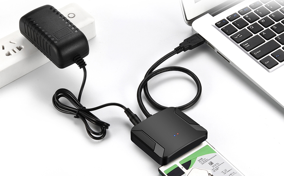 This SATA to USB Adapter is equipped with a DC-Jack port and comes with a 12V/2A Power Adapter