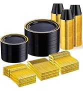 WELLIFE 600 PCS Black and Gold Disposable Dinnerware Set for 100 Guests, Gold rimmed Plastic Dinn...