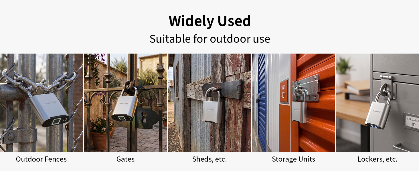 Smart fingerprint padlock multi-scene application for outdoor fences, gates, sheds