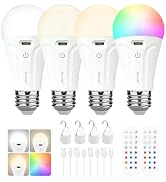 Rechargeable Light Bulbs with Remote & Hooks, A19 Dimmable Wireless Battery Powered Light Bulb wi...