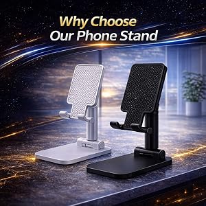 Foldable adjustable phone stand with anti slip silicone pad and stable base