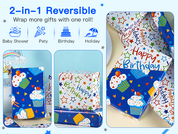 Boys Reversible Birthday Wrapping Paper