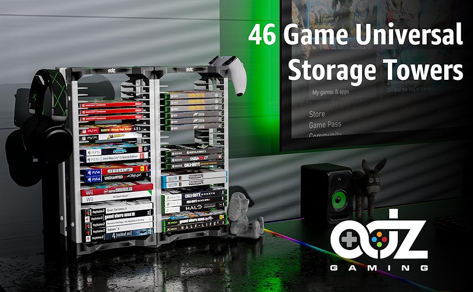 46 game storage tower with ps5 ps4 ps3 xbox switch and wii games, with controller mounts