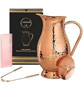 New Launch 100% Pure Copper Pitcher 70 Ounces | Handmade Hammered Large Jug with Lid | Free Toung...