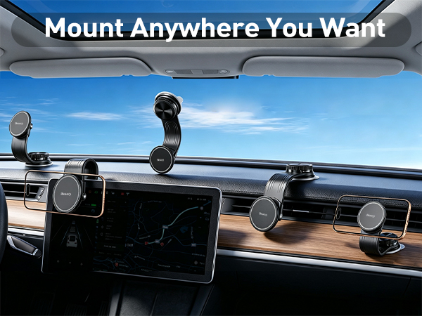 Text reads "Mount Anywhere You Want". Car dashboard phone mount with multiple suction cup attachment points securing a smartphone to windshield, displaying navigation interface.