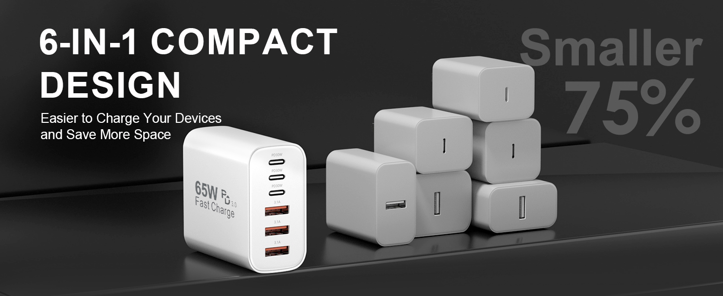 65W 6-Port USB C Wall Charger