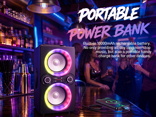 LED party speaker powers a smartphone on a wooden bar; friends dance in the vibrant background.