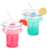 Zukro 16oz Stemless Borosilicate Margarita Glasses with Straw, Set of 2 | 360° Sippable Tritan Li...