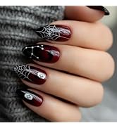 Halloween Goth Press On Nails Medium Almond Acrylic Fake Nails Red Black Ombre White Skull Spider...