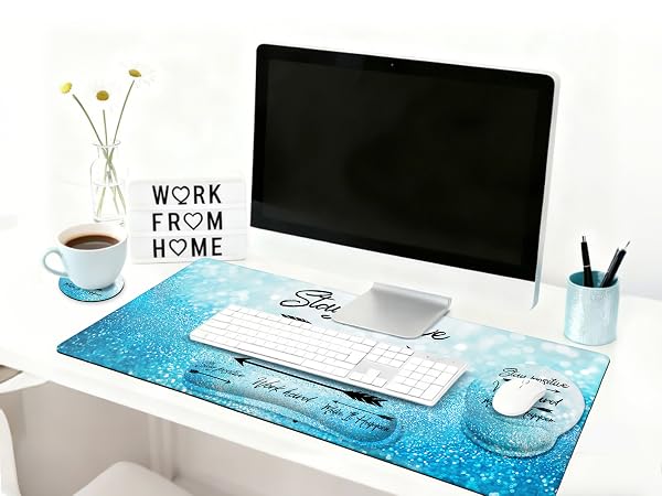 Stay Positive & Work Comfortably: Complete Blue Ergonomic Desk Set with Mat, Gel Mouse Pad, Keyboard