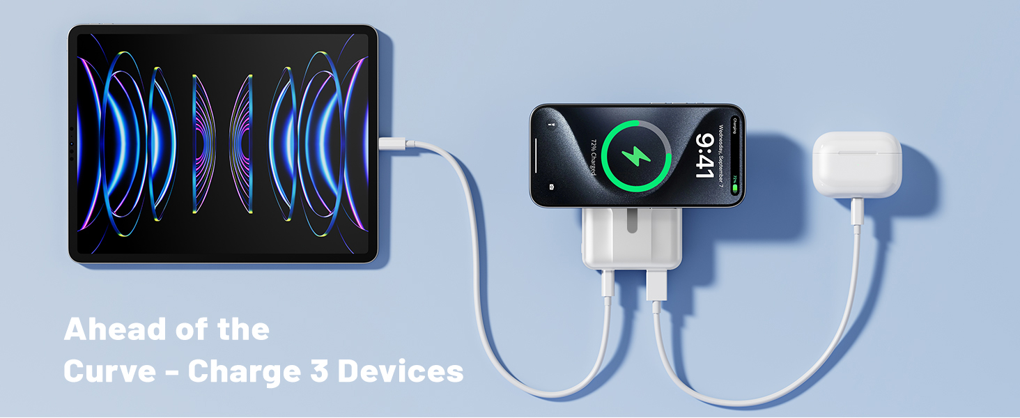 simultaneous three devices charging with 20W PD USB-C, 22.5 W PD USB-A, and 15 W wireless charging