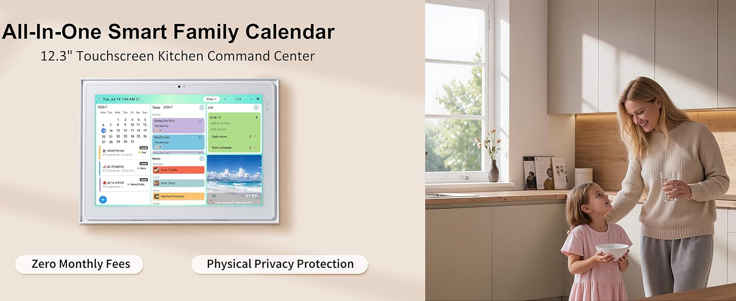 Wall-mounted digital calendar in bright kitchen with mother and daughter interacting nearby