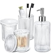 RYTOXILO Bathroom Accessories Set, 4 Pack Clear Glass Bath Accessory Sets Complete, Ribbed Soap D...