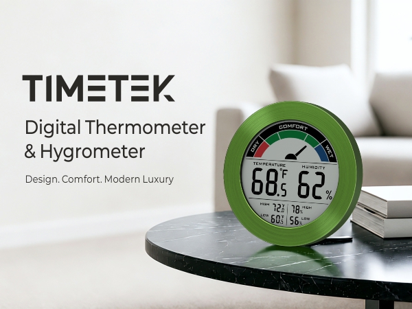 TIMETEK Digital Thermometer Hygrometer on a table in a living room