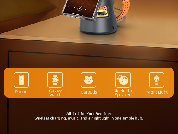 Interface showing five circular icons for features: Phone, Battery, Audio/Music, Night Light, and another function, with text 'Wireless charging, music, and a night light in one simple hub.'